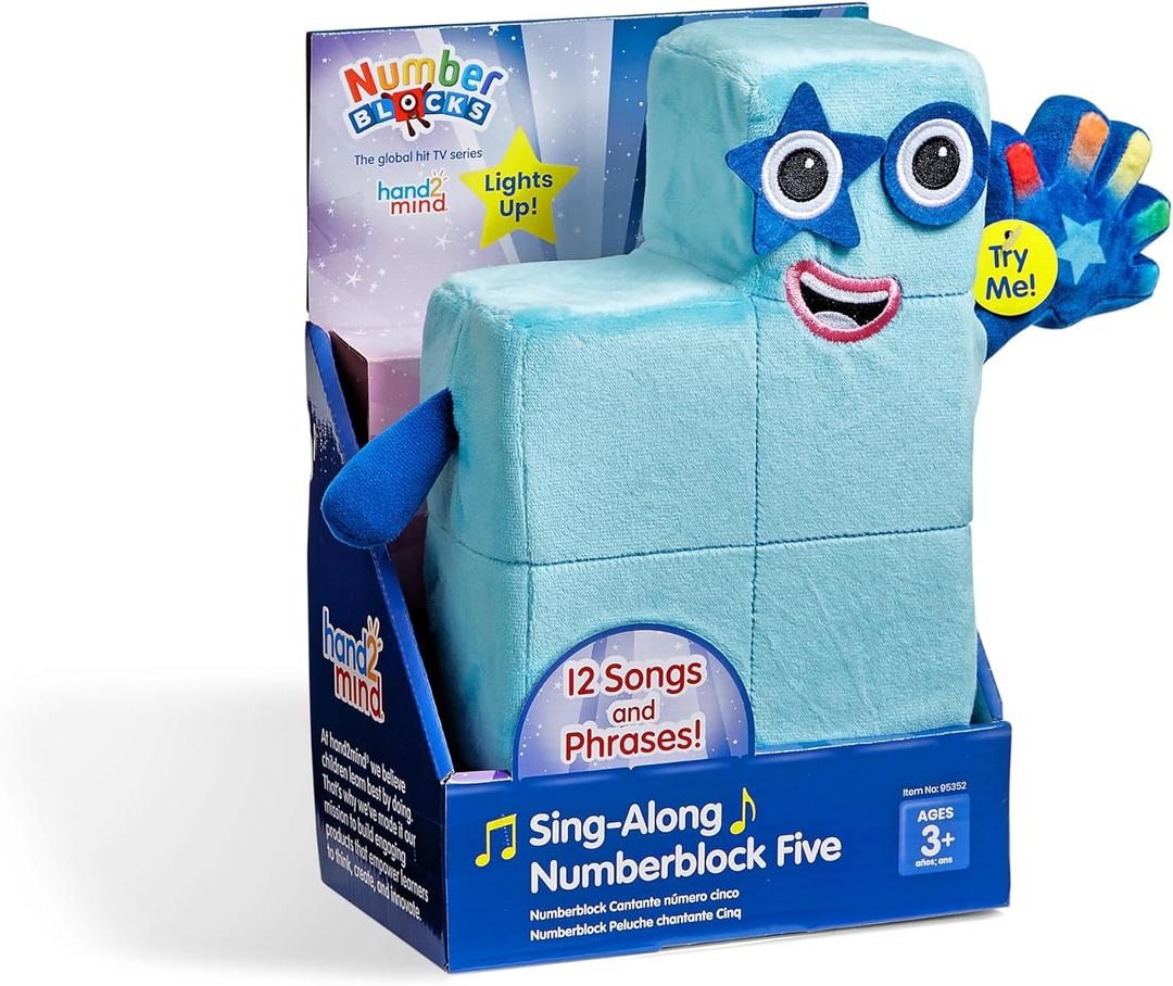 hand2mind Sing-Along Numberblock Five Plush  Officially Licensed Character Plushies, 12 Songs & Sounds from The TV Show, Light Up Soft Stuffies, for Kids Ages 2, 3, 4, 5, 6, 7