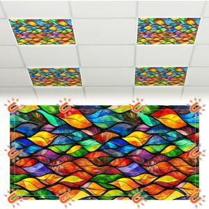4 Pcs Stained Glass Fluorescent Light Covers 4 x 2 ft Magnetic Office Light Cover for Ceiling with 10 Magnets Filter Reduce Glare for Classroom School Home