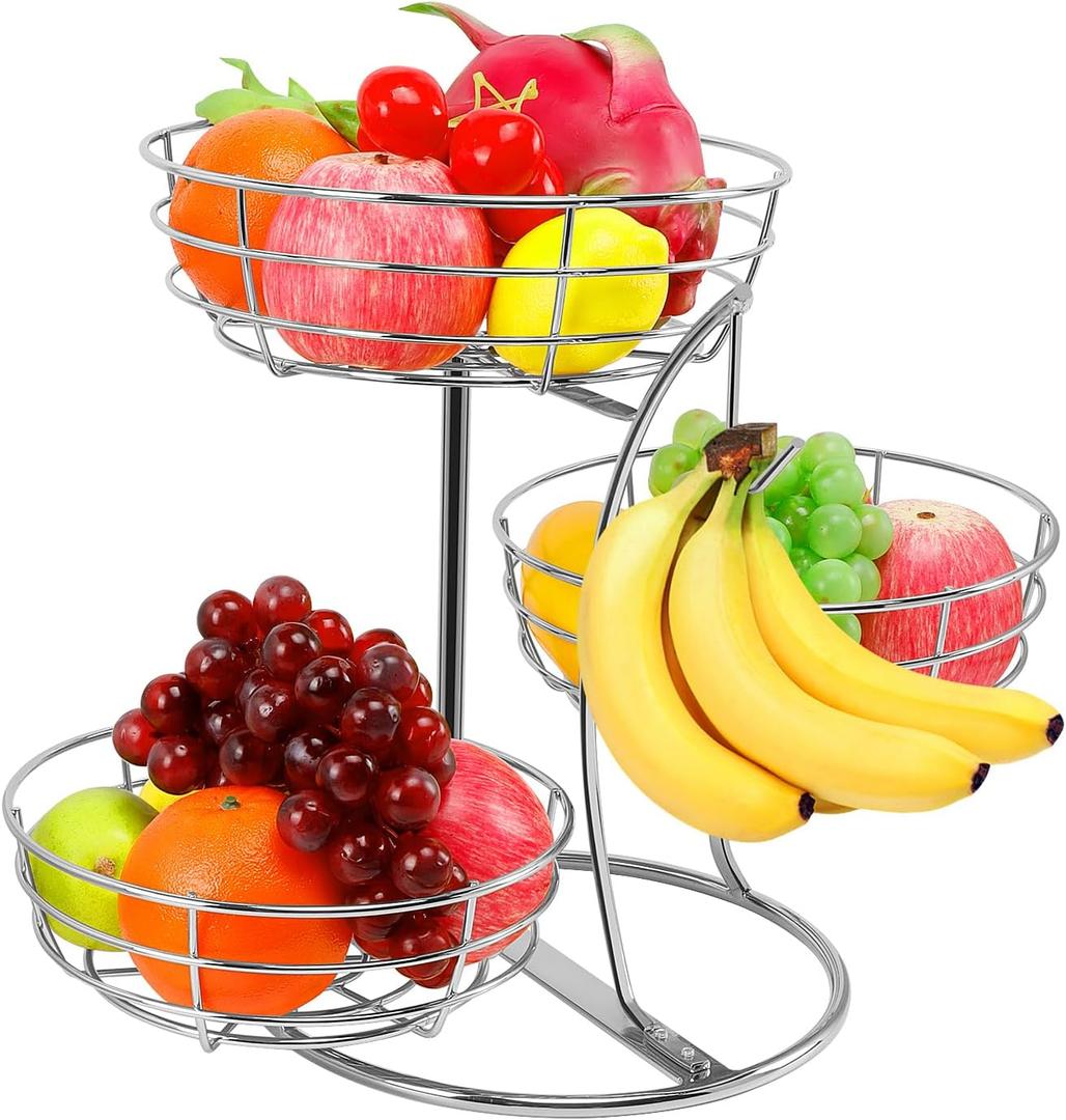 Livabber Fruit Basket Bowl with Banana Hanger, Fruit Vegetable Storage Basket with Banana Tree Holder for Kitchen Counter, Detachable Organizer for Bread Snack Produce (Chrome, 3-Tier Metal Base)