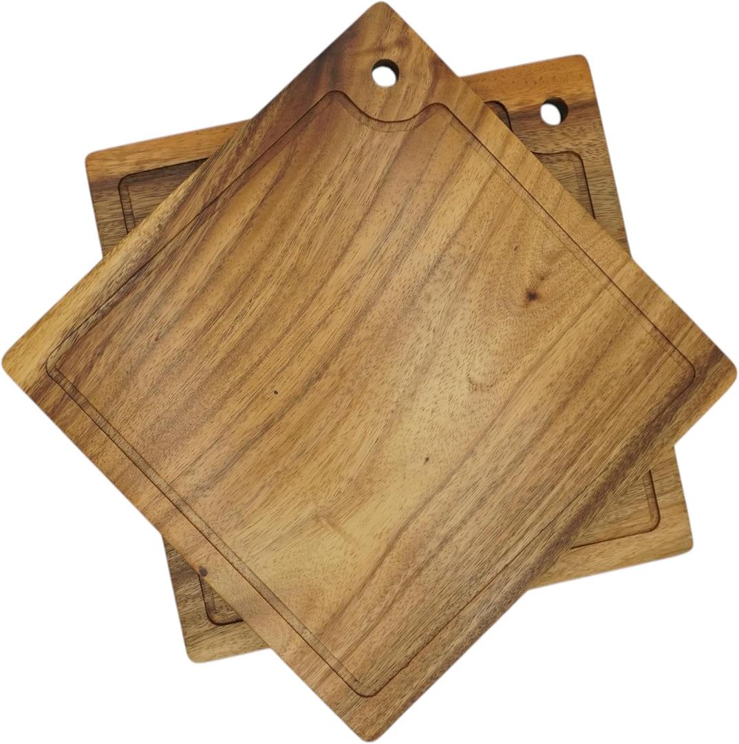 Acacia Wood Steak Plates Set of 2, 12 Inch Square Wooden Plates with Juice Groove, Solid Single Piece Wood, Cutting and Serving Board for Steak, Heavy Duty Dinner Plates