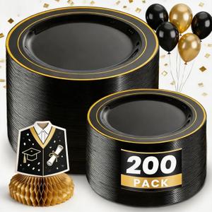 WDF 200PCS Black and Gold Plastic Plates - Black Plates Disposable for Party - Heavy Duty Plastic Plate for Wedding/Party/Birthday/Graduation