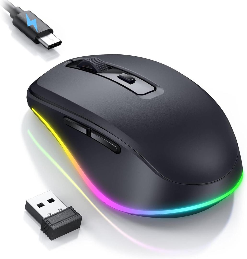 PEIOUS Wireless Mouse Jiggler - LED Wireless Mice with Build-in Jiggler Mover, Rechargeable Moving Mouse for Computer with Undetectable Random Movement Keeps PC Laptop Awake - Black