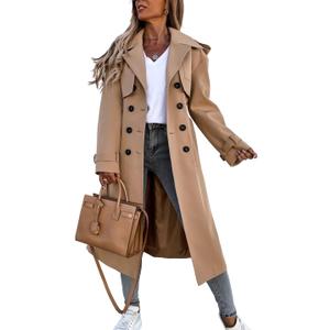 Fisoew Women's Double Breasted Long Trench Coat Windproof Classic Lapel Belted Overcoat with Pockets (Medium, Khaki)