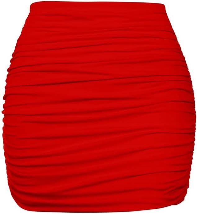 YMDUCH Women's Sexy High Waist Solid Tight Ruched Bodycon Mini Club Skirt (Medium, Red)