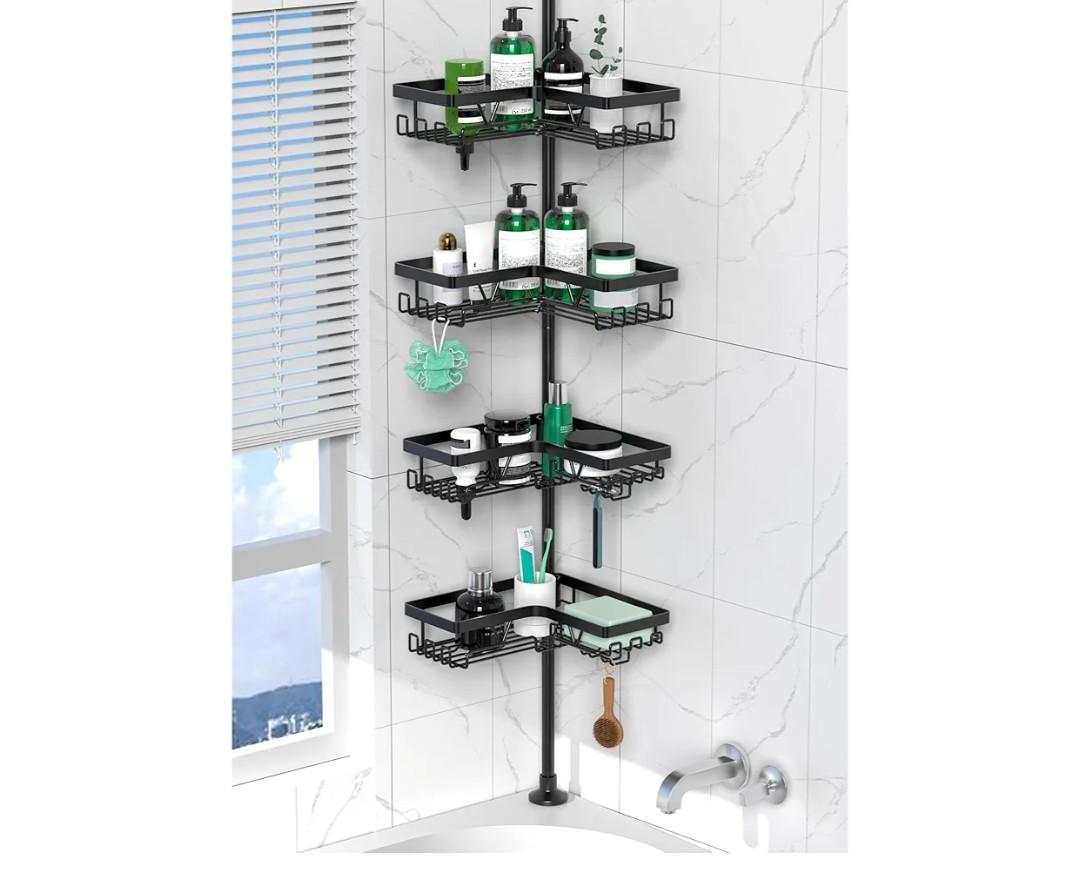 DAOYA Corner Shower Caddy Tension Pole - 4 Tier Stainless Steel Rustproof Shower Corner Caddy for Bathtub Bathroom Shower Organizer Shelves Adjustable Pole 25-114.2 Inch Black