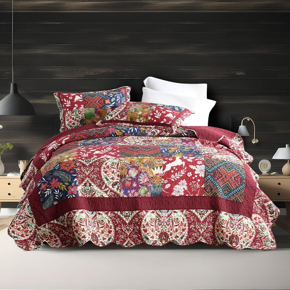 ENASAL Cotton Bedspread Quilt Sets Reversible Bedding Coverlet Sets Comforters Vintage Luxury Damask Floral Real Patchwork Burgundy Bedspread, King Size