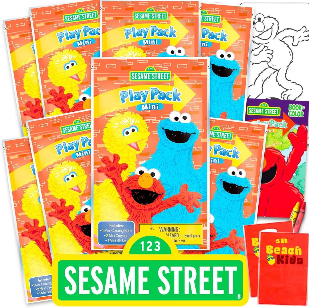 8 Pc Sesame Street Mini Party Favors Set - Bundle 8 Play Packs with Mini Coloring Books, Stickers, and Goodie Bags | Sesame Street Birthday Party Supplies Decorations