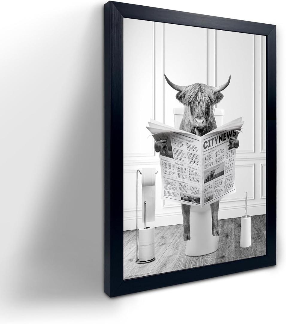Black Framed Highland Cow Wall Art in Bathtub, Funny Black and White Canvas Picture, Humor Animals Artwork Prints for Bathroom, Bedroom, Kids Decor (8"L x 10"W)