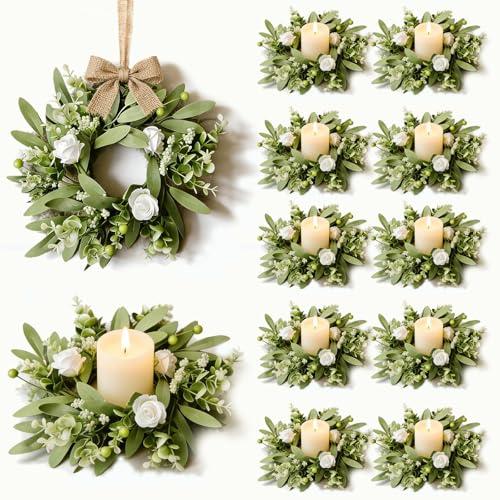 12 Pcs Wedding Greenery Eucalyptus Wreaths Mini White Rose Candle Rings Wreaths Coastal Pillar Candle Holder for Boho Bridal Shower Bachelorette Party Table Decor
