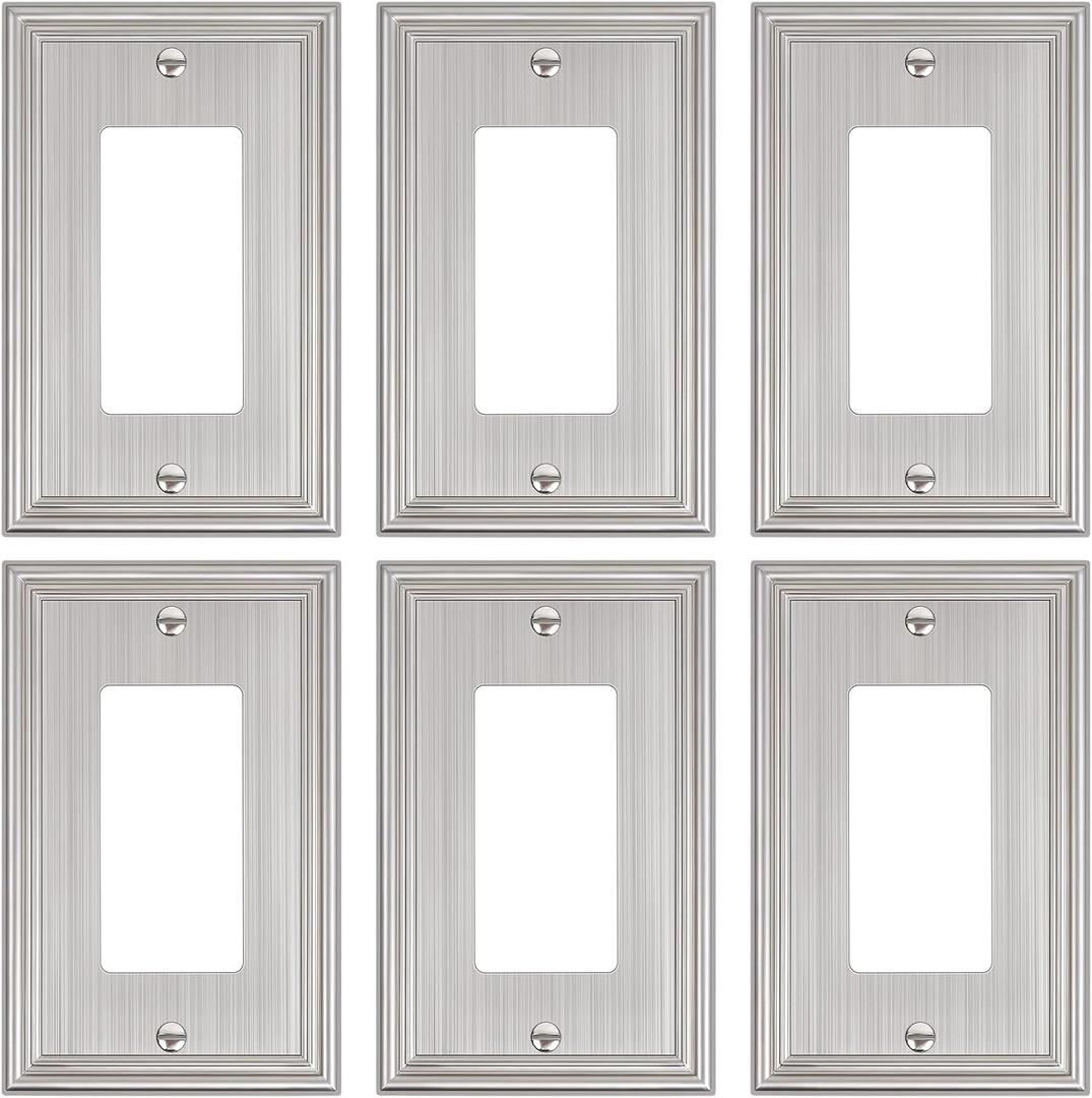 6-Pack Decorator Outlet Cover Plate, Brushed Nickel Decorative Switch Plates and Outlet Covers, Durable Zinc Alloy Wall Plates for Electrical Outlets, Receptacle, GFCI Outlet, Dimmer Switch