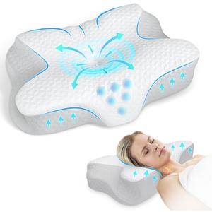 Zibroges Neck Pillows, Cervical Neck Pillow for Neck and Shoulder Pain, Ergonomic Orthopedic Neck Pillow for Sleeping, Neck Support Pillow for Side Sleepers, Back and Stomach Sleepers, Grey and White