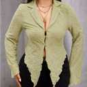 WDIRARA Women's Plus Size Lace Bell Long Sleeve Top Button Front Collared V Neck Y2K Shirts (Green, XL)