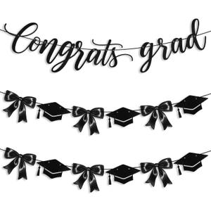 Black Bow Graduation Party Decorations 3 Pcs End of Year Congrats Grad Banner Garland Set, 2026 Graduation Backdrop for High School College Congrats Grad End of Year Party Supplies