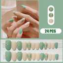 24 Pcs Gold Line Press on Nails Short Almond Glossy Fake Nails Green False Nails Stick on Nails Full Cover Reusable Acrylic Nails for Women Nail Design