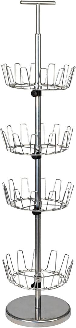 Household Essentials 4-Tier Revolving Shoe Tree, Heavy-Duty Steel with Stabilized Base, Holds 24 Pairs of Shoes, Great for Most Styles, Chromelike Finish (Silver)