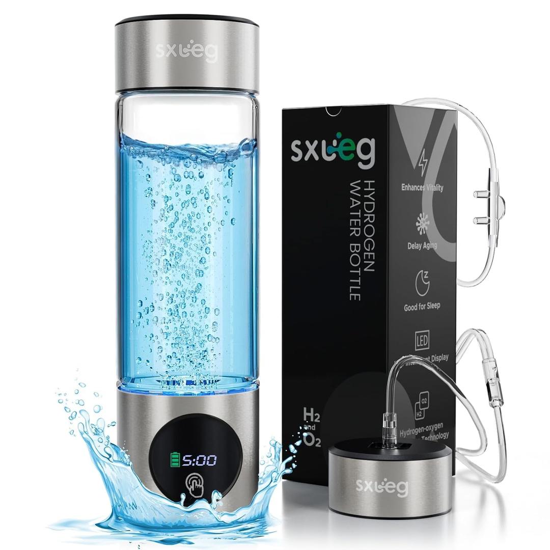 Hydrogen Water Bottle Generator - Glass Hydrogen Water Ionizer Machine, 16oz, SPE/PEM Technology, LED Display, Easy Clean, Type-C Charging for Home Office Fitness, Silver