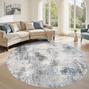 Washable Rug Round 6FT Area Rugs for Living Room: Modern Abstract Neutral Soft Carpet for Bedroom Dining Room Under Kitchen Table Home Office Decor - Grey Blue
