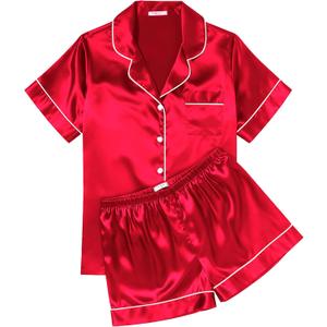Ekouaer Womens Silk Satin Pajama Sets Soft Short Sleeve Button Down Sleepwear Top and Shorts 2 Piece Pjs Lounge Set (Small, Red)