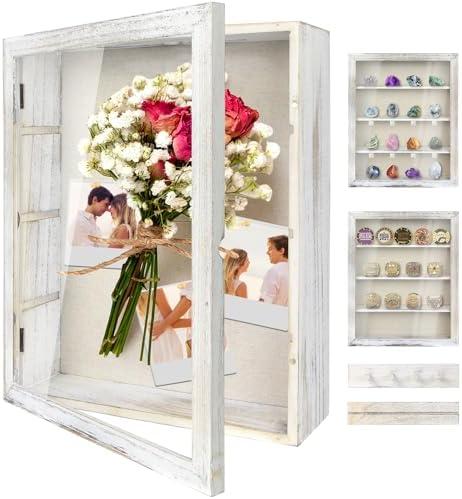 YEPOTUE Shadow Box Display Case 11x14, Deep Shadow Box Picture Frame with Linen Back and Removable Shelves, Wooden Memory Box for Wedding Bouquet, Photos, Medals, Keepsakes (White, 11x14)