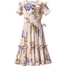 Girls Short Sleeves Floral Printed Dresses with Pocket and Elastic Waistband 130