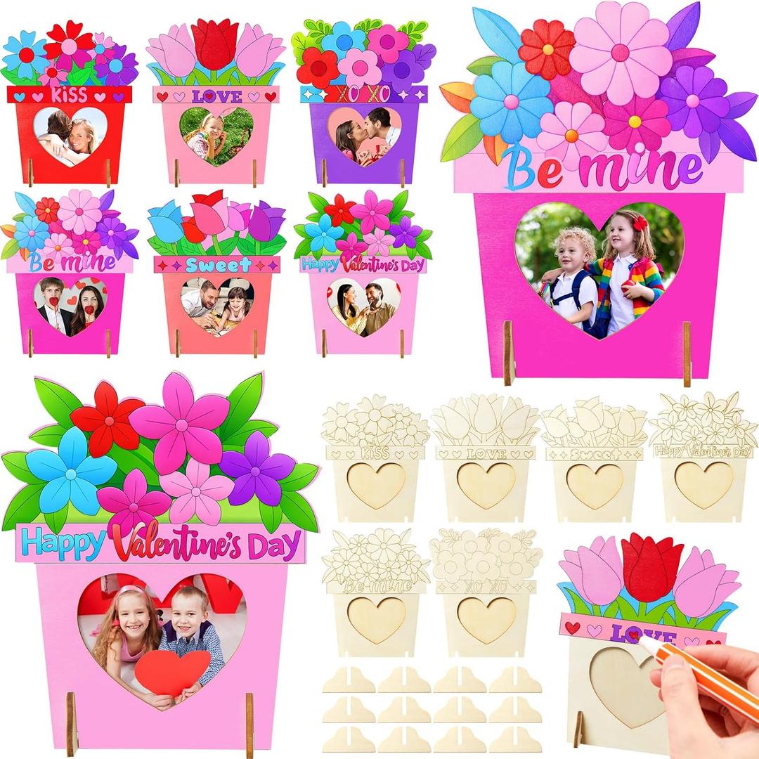 Geelin 12 Sets Valentine's Day Wooden DIY Picture Frames Craft, Unfinished Heart Photo Frames to Paint for Valentine's Day Craft Art, Home Decor, Classroom Activities, Party Games(Flower)