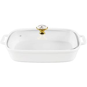 10" x 7" Ceramic Rectangular Casserole Dish with Glass Lid, 1.3 Quart White Serving Soup Tureen,Chafing Dish for Buffet, Family Food preserve Tray, Catering Casserole for Party Style