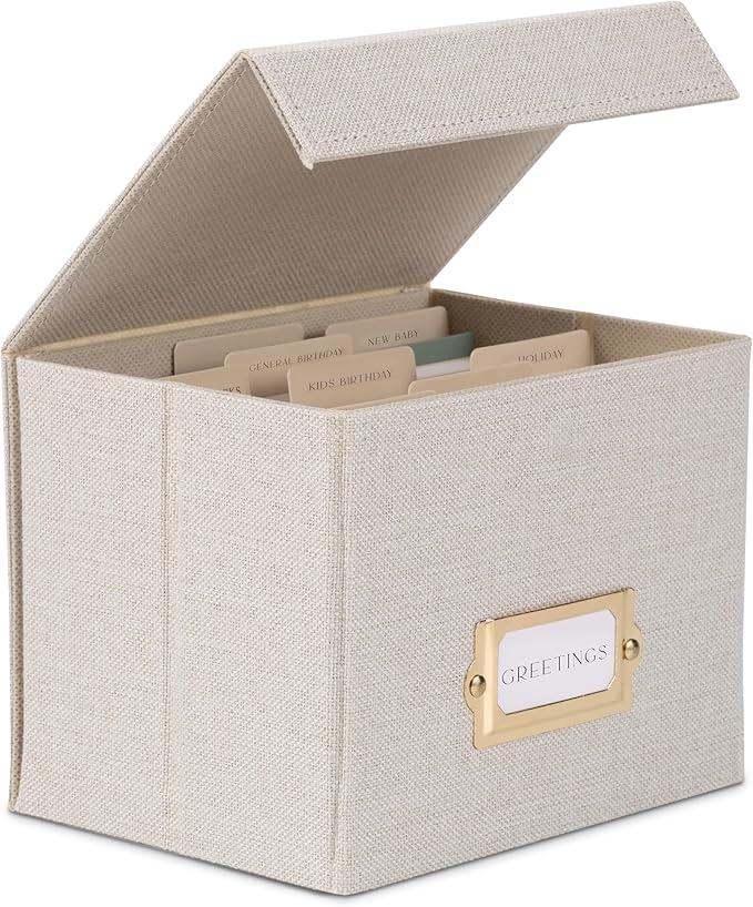 ZICOTO Beautiful Greeting Card Organizer Box With Dividers - Sturdy Linen Storage Box Easily Organizes All Your Greeting Cards in Style - Cute Card Holder Safely Stores Up to 300 Small Or Large Cards