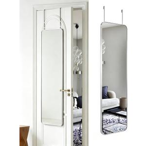 DMWOODFL 48"x14" Rounded Rectangle Over The Door Mirror - Full Length Tempered Glass & Aluminum Frame, No Drill Installation for Bedroom, Bathroom, Closet, Entryway (Silver White)