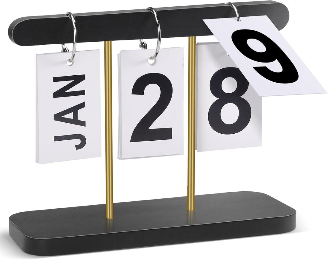 Wood & Metal Perpetual Flip Calendar, Reusable Wooden Desk Calendar Standing Flip, Countdown Daily Desk Desktop Accessories for Office Home Classroom Display Decor (Black)