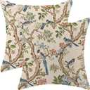 Chinoiserie Pillow Covers 18x18 Set of 2 Pink Green Blue Floral Birds Throw Pillow Covers Spring Summer Vintage Flower Decorative Pillowcase Linen Cushion Case for Home Couch Sofa Outdoor Decor