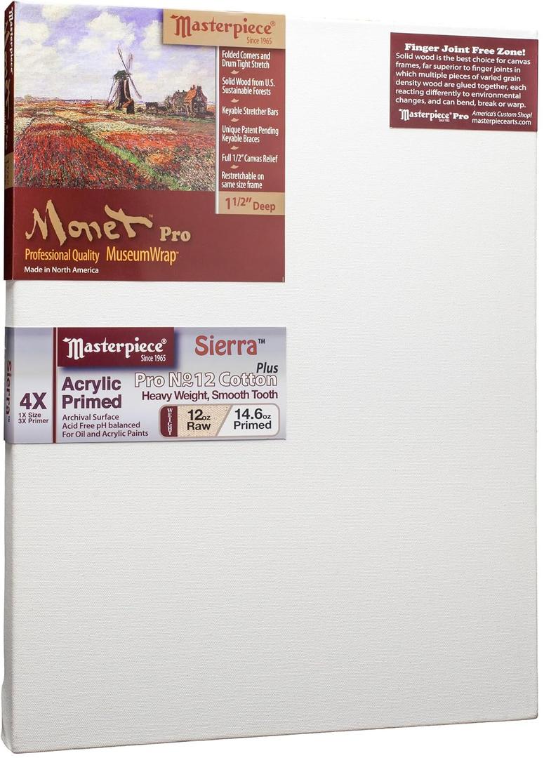Masterpiece ZSME-1421 Monet Pro 1.5" Deep Cotton 14.6oz Sierra Heavy Weight Medium Tooth Stretched Artist Canvas 14" x 21" 3 Pack