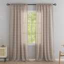 Sheer Curtains for Living Room 90 Inches Long Brown Thick Linen Textured Gauze with Striped Pom Pom Shabby Chic Farmhouse Bedroom Privacy Curtains That Let Light in 52" W X 90" L