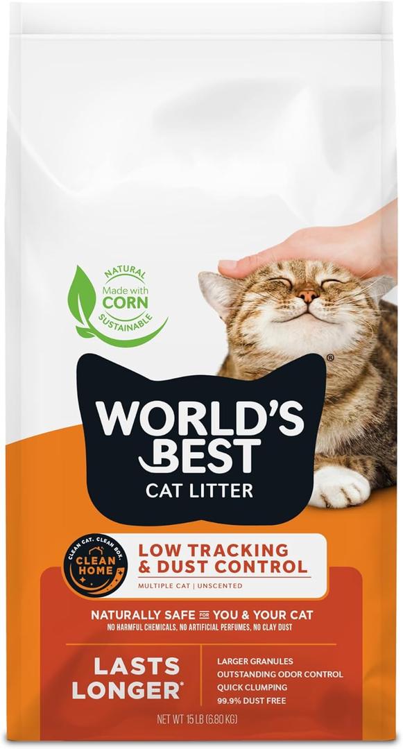 WORLD'S BEST CAT LITTER Low Tracking & Dust Control Multiple Cat Unscented 15-Pounds - Natural Ingredients, Quick Clumping, Flushable & Made in USA - Long-Lasting Odor Control & Easy Scooping