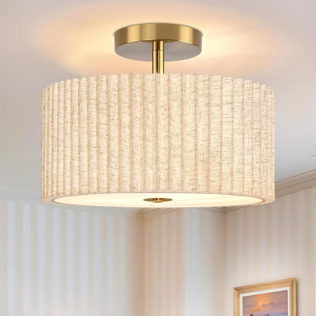 2 Light Semi Flush Mount Ceiling Light Fixture 12.6 Inch Modern Gold Drum Ceiling Light Fixture with Pleated Fabric Shade Dimmable Close to Ceiling Light for Living Room Hallway Bedroom Entryway 2 Light Semi Flush Mount Ceiling Light Fixture 12.6 Inch Modern Gold Drum Ceiling Light Fixture with Pleated Fabric Shade Dimmable Close to Ceiling Light for Living Room Hallway Bedroom Entryway