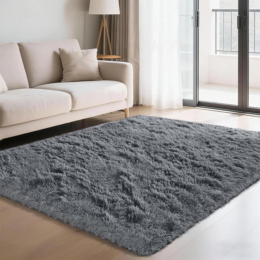 Fluffy Rug Shag Area Rug, Grey 4x6 Area Rugs for Bedroom, Small Bedside Rug, Soft Fluffy Shag Entryway Throw Rugs for Living Room Bedroom Kids Room Home Decor