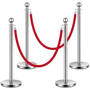 Stainless Steel Stanchion Post Queue 4PCS Pole w/ 2 Red Velvet Ropes, Crowd Control Barriers w/ Fillable Base for High-end Venues, Museums, Party Supplies (4 Pieces, Silver)