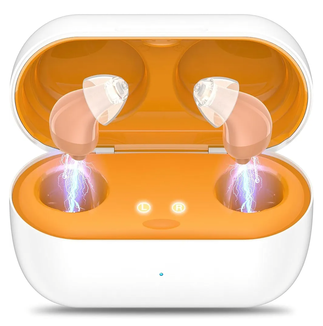 Hearing Aids, Rechargeable Digital Hearing Aids for Seniors, Noise Cancelling with 16-Channel Sound Processing, Invisible Hearing Aids for Men Women with Charging Case (1, yellow)