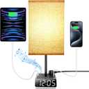Yostyle Table Lamp with Alarm Clock Base, Bedside Lamp,2 USB & 1 AC Power Outlets, FM Radio & Speaker 6Ft Extension Cord - Square Black Fabric Lampshade,Touch Control Ideal for Bedrooms Living Rooms