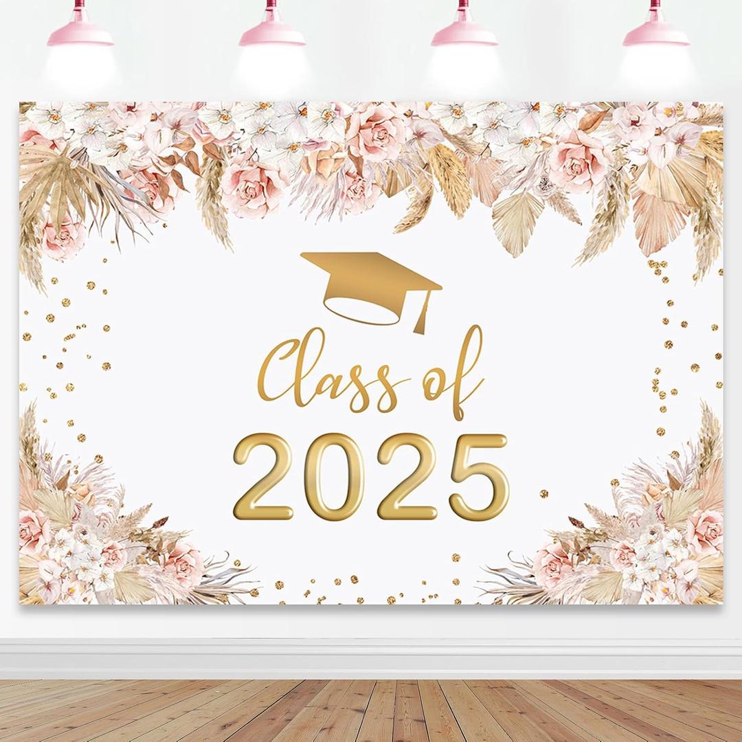 Mocsicka 2025 Graduation Backdrop 7x5ft Boho Floral Congrats Grad Class of 2025 Background Pampas Grass Gold Dots Graduation Party Decorations Photography Background