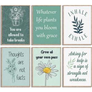 6Pcs Mental Health Canvas Wall Art Green Boho Psychology Therapy Print Artwork Inhale Exhale Inspirational Quotes Painting Pictures Wall Decor for Bedroom Office Home Decoration 12x16In Unframed (16L"x12W")