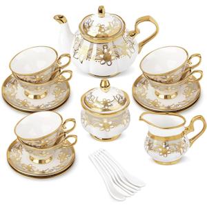 fanquare 21 Pieces Porcelain Tea Set with Sugar Bowl Creamer, Cup and Saucers for 6, Royal Floral Tea Service with Gold Trim for Party Wedding Birthday Gifting