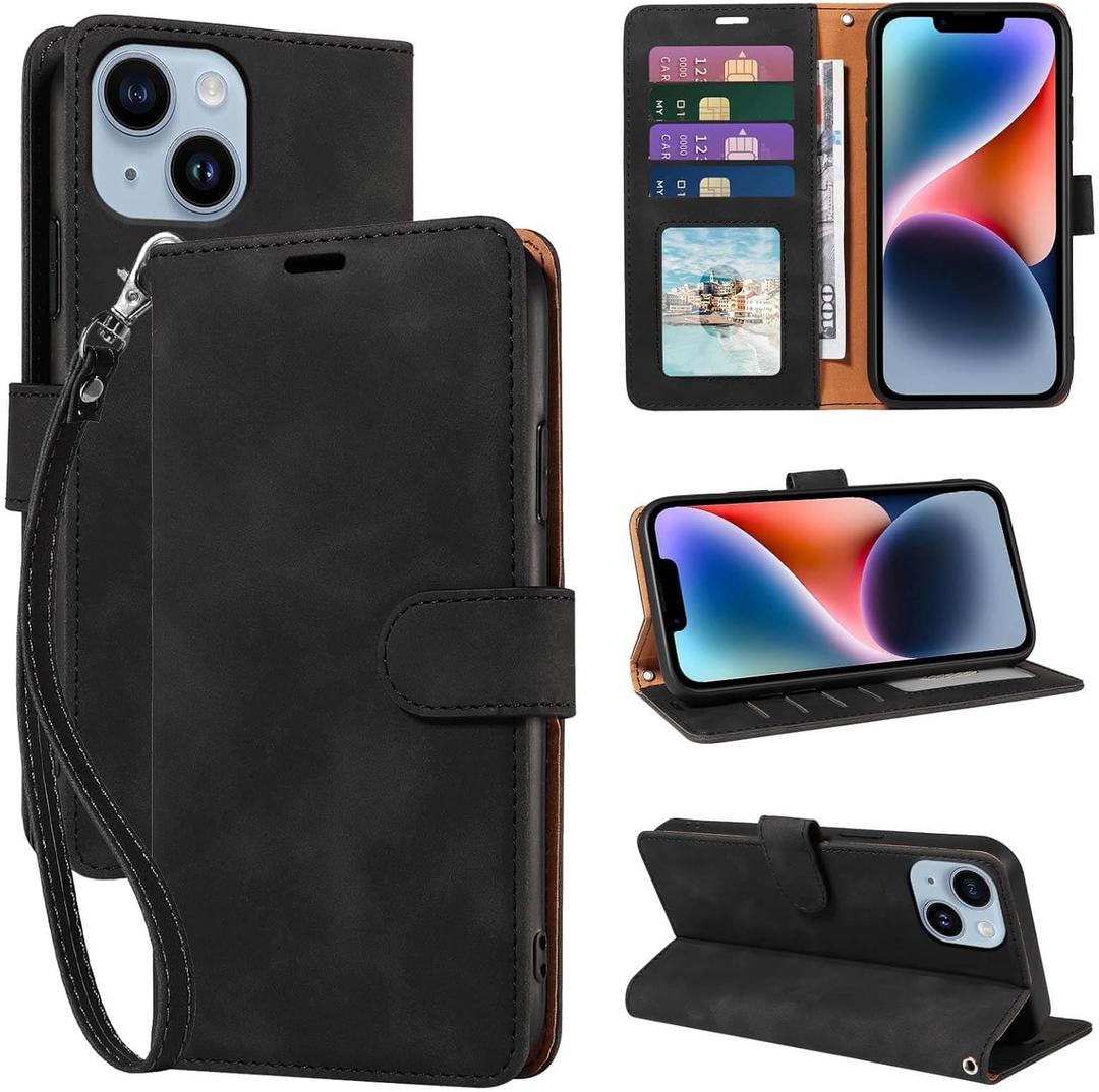 iPhone 14 Wallet Case, [RFID Blocking 4 Card Slots] [Kickstand] [Wrist Strap] [Magnetic Closure] Soft PU Leather Shockproof Protective Flip Cover for iPhone 14 Case 6.1 Inch (Black)