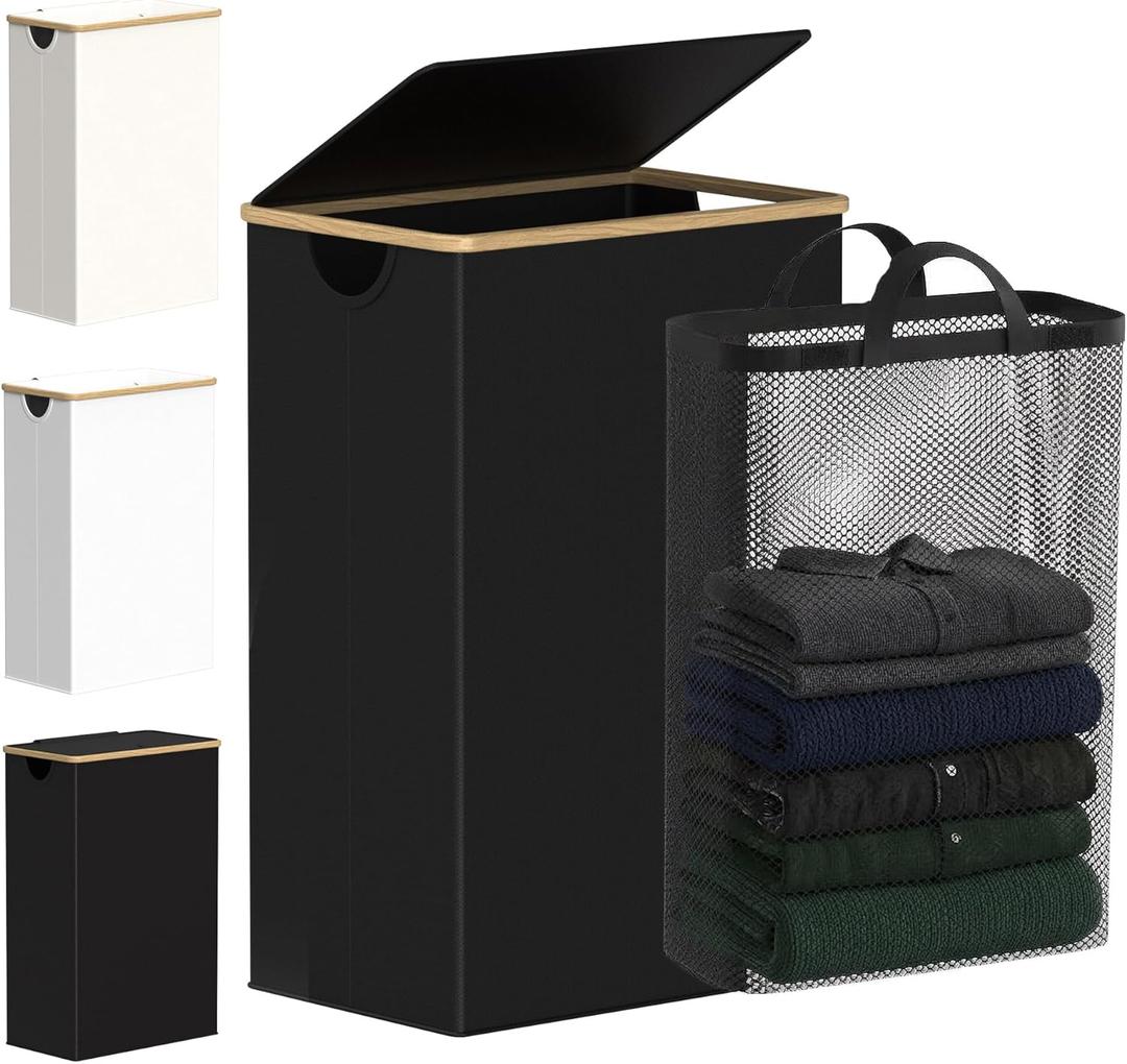 efluky Slim Laundry Basket with Lid, Narrow Laundry Hamper with Removable Bag, Skinny Dirty Clothes Basket with Bamboo Handles for Bathroom, Bedroom & Laundry Room, 90L Black