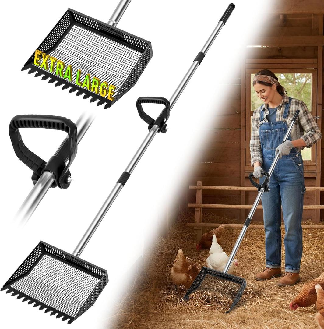 TOOGE Upgraded Chicken Poop Scooper: 9.6" Metal Pooper Scooper & Rake 4-Section Long Handle Chicken Coop Scoop Scoopers Accessories Large Sand Sifter Litter Shovel for Yard/Farm/Stable/Beach Black