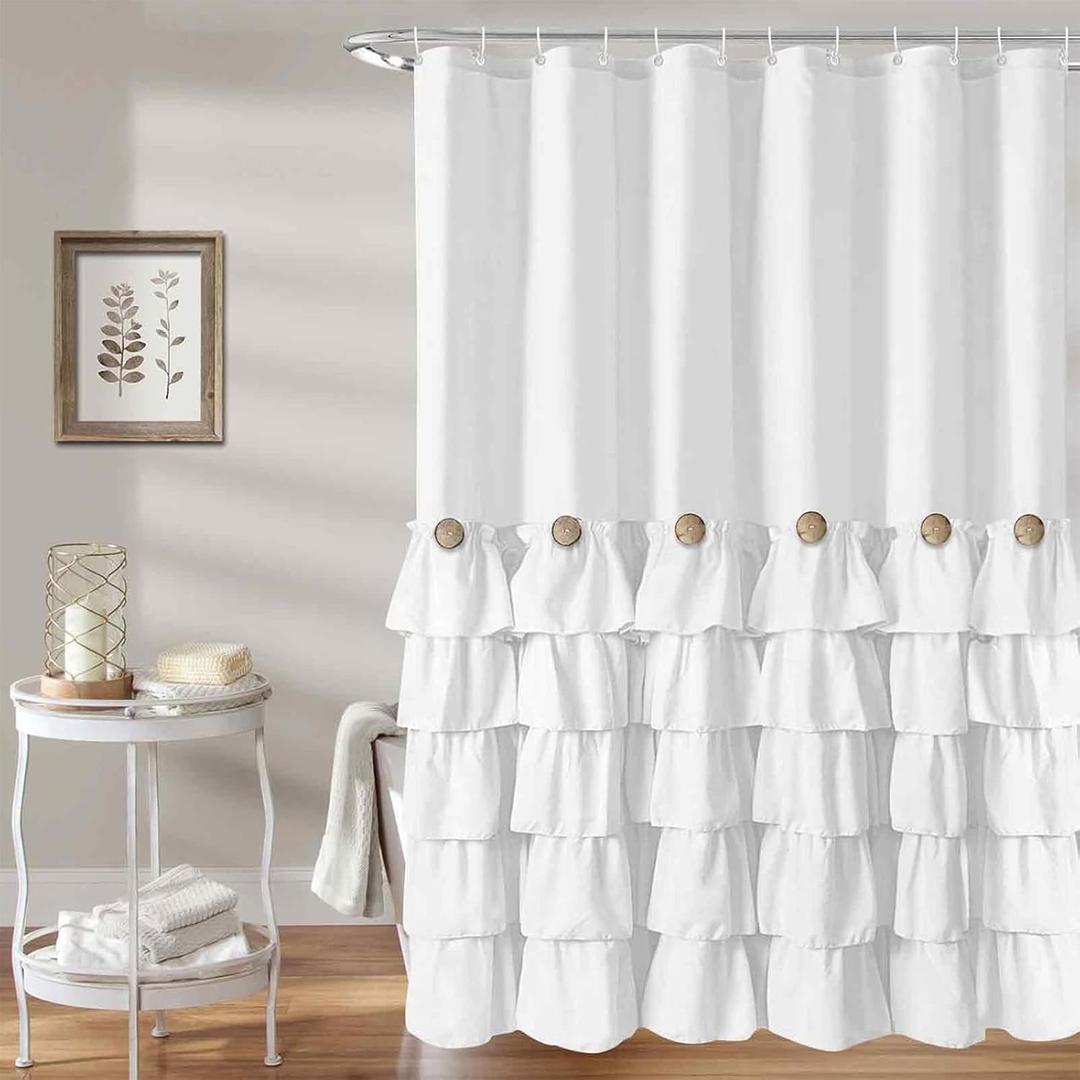 Seasonwood White Ruffle Shower Curtain Farmhouse Shower Curtain 72 X 84 inch Fabric Shower Curtains with Buttons & White Ruffles for Bathroom Bathtubs Decor Accessory
