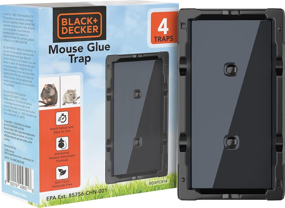 BLACK+ DECKER Glue Traps for Mouse & Insect- Heavy- Duty Sticky Traps for Mice, Small Rats, Flies, Cockroaches & Other Bugs- 4 Pre-Baited Trays- Odorless Pest Remover