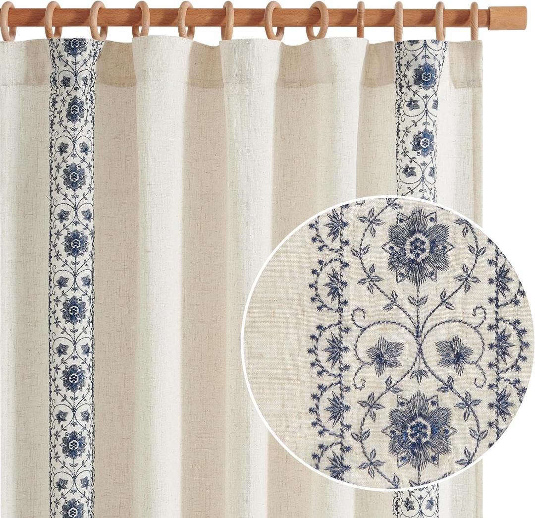 jinchan Boho Curtains for Bedroom Blue Vintage Floral Farmhouse Curtains 84 Inches Long Linen Blend Drapes for Living Room Embroidered Light Filtering Drapes Rod Pocket Blue on Beige 2 Panels (50"W x 84"L (Pack of 2))
