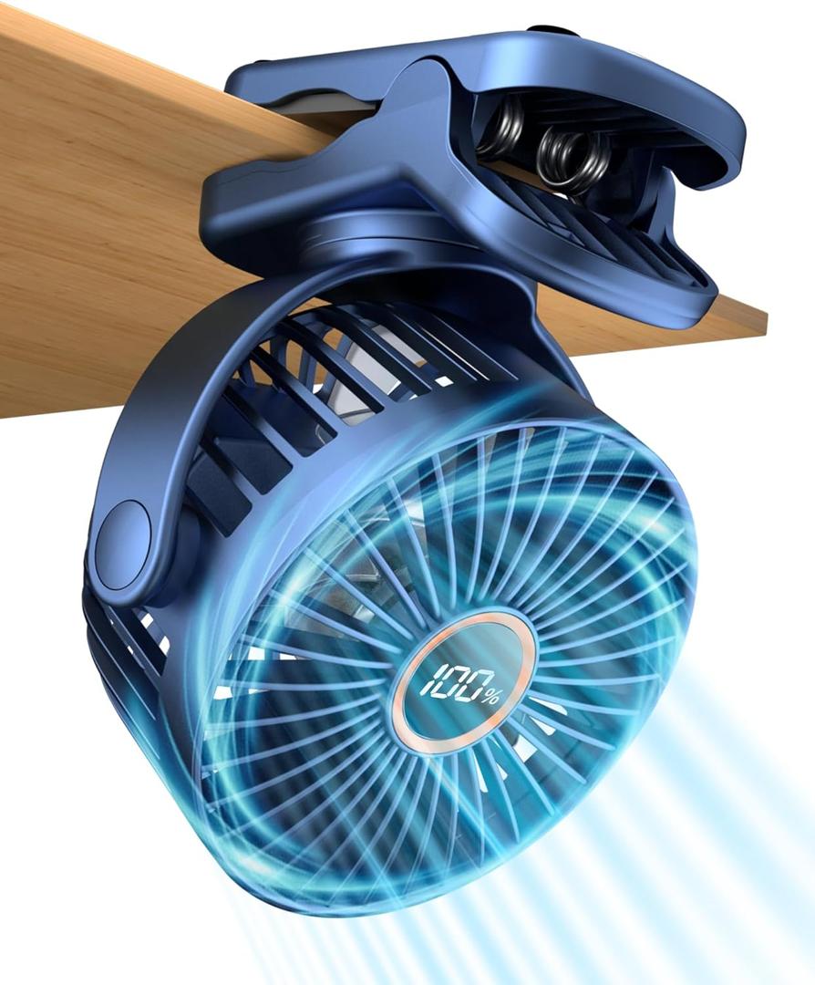 Buywoo Portable Mini Personal Fan, Small Rechargeable Battery Powered Stroller Fan for Desk, Strong Clamp Grip, 360 Rotation, 3-Speed, LED Display, Clip On Cooler for Bed, Golf Cart, Office, Blue