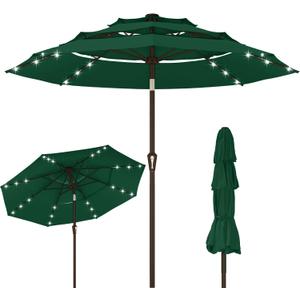 Kingdura 9ft 3-Tier Patio Umbrella with Solar Lights, Table Umbrella Outdoor Patio with Easy Crank & Tilt, 8 Sturdy Ribs, UV Protection, 32 LED Lights for Deck, Poolside, Market (Dark green)