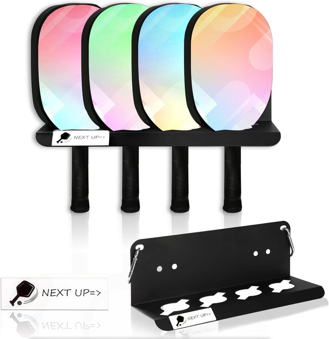Pickleball Paddle Racks 4 Pickleball Paddle Holders with Label to Track Next Up Players Pickleball Racket Holder to Fence Wall Mount Hanging Storage Outdoor Holds 4 Paddles Not Include Paddles (1)